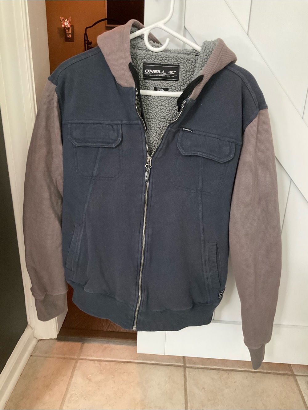 O'Neill Hooded Sherpa Jacket in Slate Blue and Taupe Sleeves